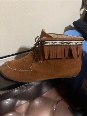 Brown Suede Fringe Moccasin Ankle Boots